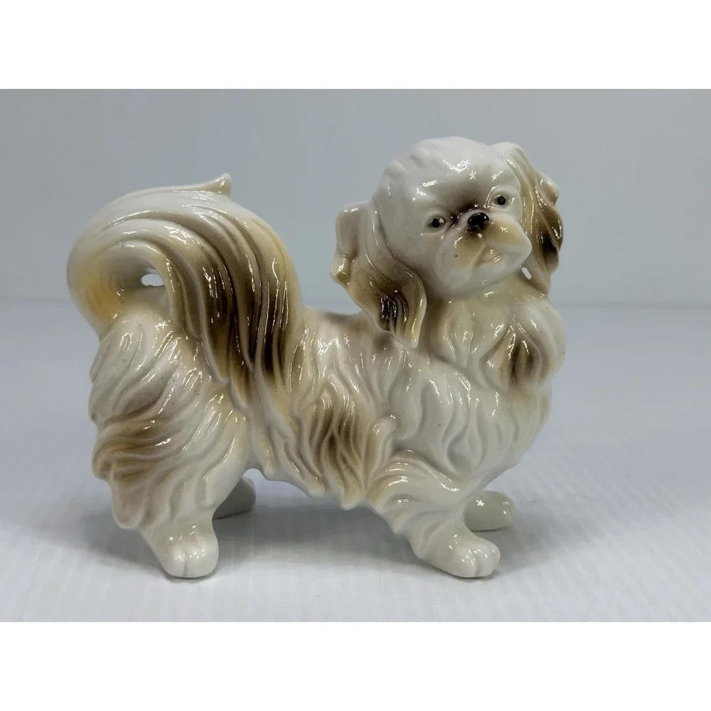 Vintage Dog Figurine Ceramic Porcelain White Tan Long Hair Toy Breed 6